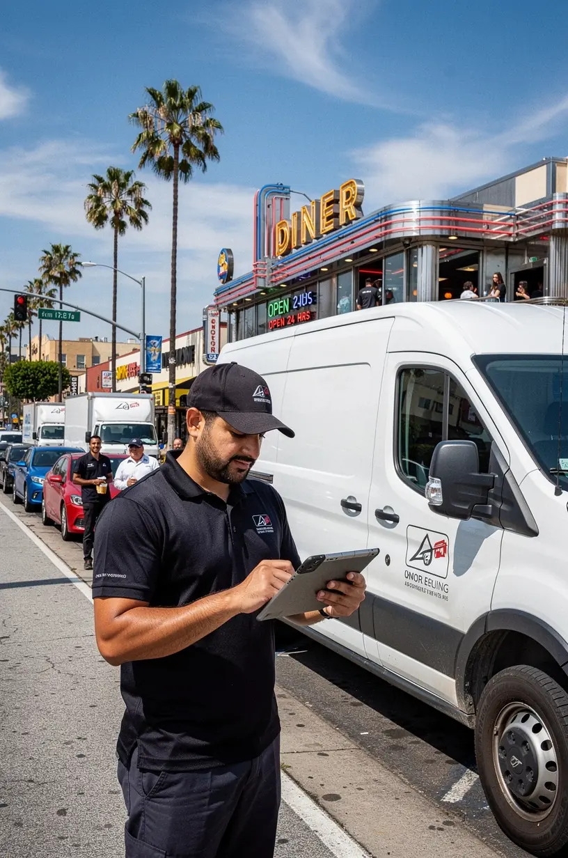 Professional technician using diagnostic tools on a commercial truck engine at a Los Angeles Cedar service center